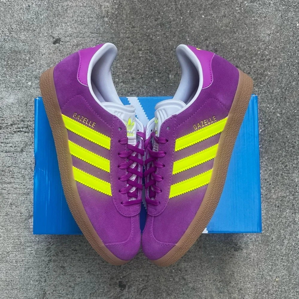 WMNS ADIDAS ORIGINALS GAZELLE PURPLE BURST NEON SOLAR YELLOW SHOES SNEAKERS - Picture 11 of 17